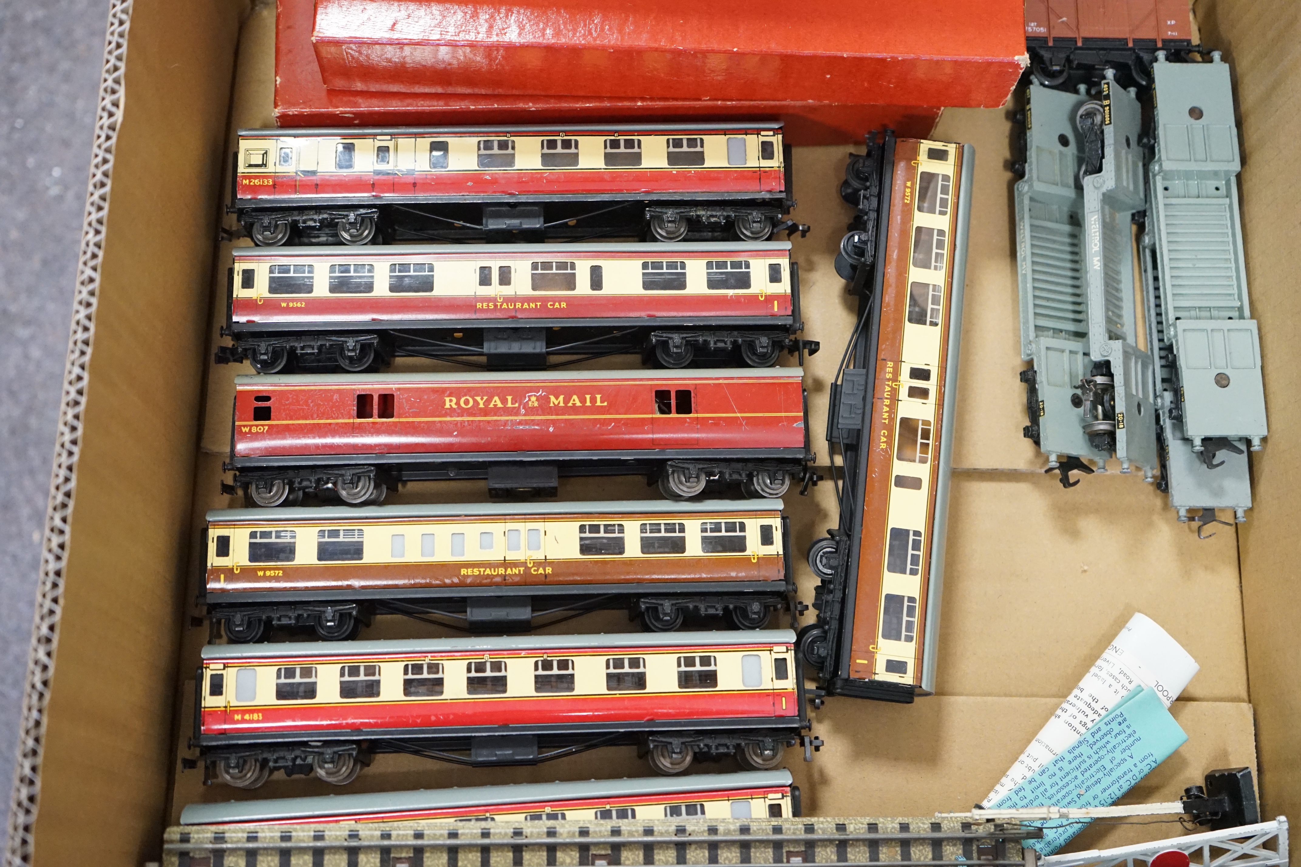 A quantity of Hornby Dublo model railway for 3-rail running including; a BR Class N2 0-6-2T locomotive, eight tinplate bogie coaches, 25 freight wagons, two track sections for the Royal Mail TPO set, and a large quantity